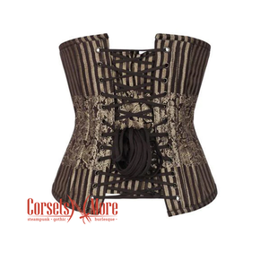 Plus Size Brown and Golden Brocade With White Lace Gothic Long Underbust Corset