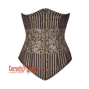 Plus Size Brown and Golden Brocade With Front Antique Busk Gothic Long Underbust Corset
