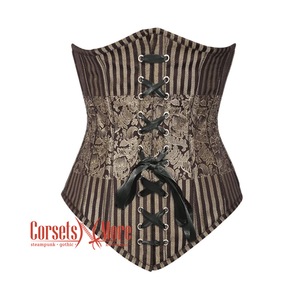 Plus Size Brown and Golden Brocade With Front Lace Gothic Long Underbust Corset