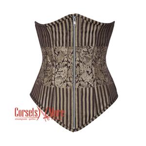 Plus Size Brown and Golden Brocade With Front Silver Zipper Gothic Long Underbust Corset