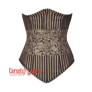 Brown and Golden Brocade With Front Close Gothic Long Underbust Waist Training Bustier Corset