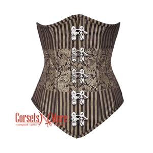 Plus Size Brown and Golden Brocade With Front Silver Clasps Gothic Long Underbust Corset