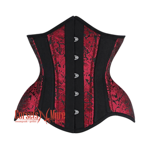 Plus Size Red and Black Brocade Black Cotton With Front Silver Busk Gothic Underbust Corset