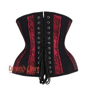 Plus Size Red and Black Brocade Black Cotton With Front Silver Busk Gothic Underbust Corset