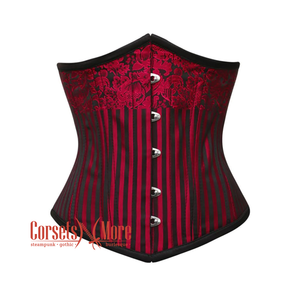 Red and Black Brocade Steel Boned Front Silver Busk Underbust Corset