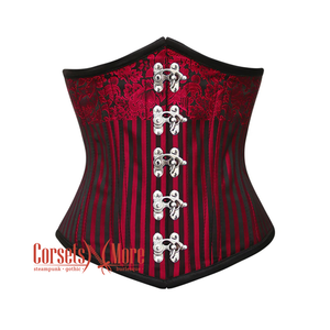 Plus Size Red and Black Brocade Steel Boned Front Silver Clasps Underbust Corset