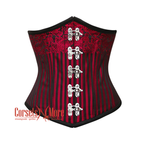 Red and Black Brocade Steel Boned Front Silver Clasps Underbust Corset