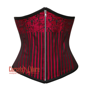 Plus Size Red and Black Brocade Steel Boned Front Silver Zipper Underbust Corset