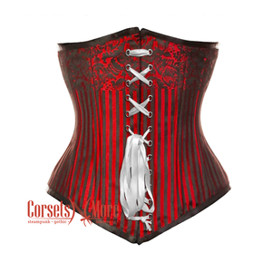 Red Brocade Double Boned Front Ribbon Long Underbust Steampunk Corset