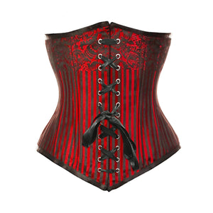 Plus Size Red Brocade Double Boned Black Ribbon Design Long Underbust Steampunk Corset