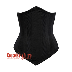 Plus Size Black Cotton Mesh Double Boned Front Close Long Underbust Steampunk Corset