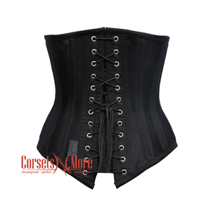 Plus Size Black Cotton Mesh Double Boned Front Close Long Underbust Steampunk Corset