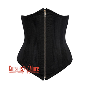 Plus Size Black Cotton Mesh Double Boned Front Antique Zipper Long Underbust Steampunk Corset