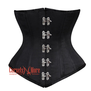 Plus Size Black Satin Double Boned Front Clasps Longline Underbust Steampunk Corset