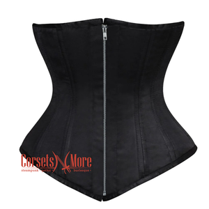 Plus Size Black Satin Double Boned Front Zipper Longline Underbust Steampunk Corset