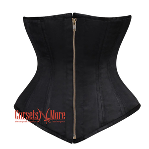 Plus Size Black Satin Double Boned Front Antique Zipper Longline Underbust Steampunk Corset