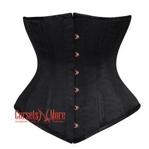 Plus Size Black Satin Double Boned Front Antique Busk Longline Underbust Steampunk Corset