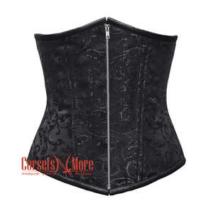 Plus Size Black Brocade Front Zipper Double Boned Underbust Gothic Corset