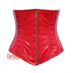 Plus Size Red PVC Leather Front V Shape Antique Zipper Underbust Steampunk Corset
