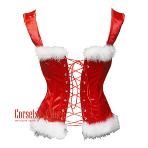 Plus Size Gothic Red Velvet Shoulder Strap Overbust Gothic Corset