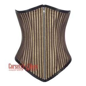 Brown and Golden Brocade With Front Silver Zipper Gothic Long Underbust Waist Training Corset