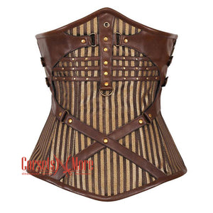 Brown and Golden Brocade With Brown Faux Leather Underbust Waist Training Corset
