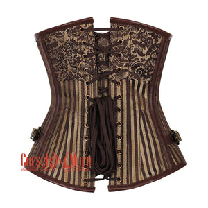 Brown and Golden Brocade With Brown Faux Leather Steampunk Heavy Duty Underbust Corset