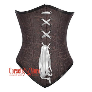 Brown Brocade With White Lace Gothic Long Underbust Waist Training Corset