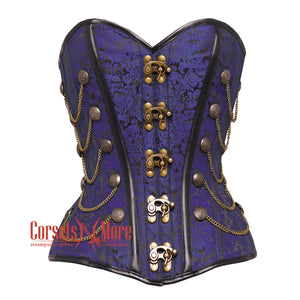 Plus Size Purple and Black Brocade Steampunk Antique Clasps Waist Training Costume Gothic Corset Overbust Top