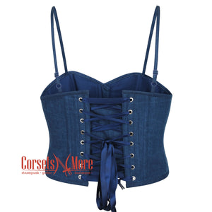 Plus Size Blue Denim With Shoulder Straps Zipper Steampunk Gothic Crop Underbust Waist Training Corset