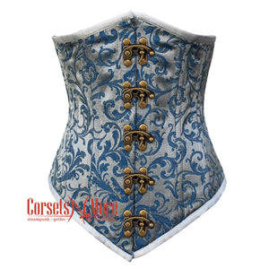 Plus Size Baby Blue Brocade With Front Clasps Gothic Long Underbust Waist Training Double Bone Corset