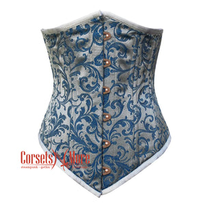 Baby Blue Brocade With Front Antique Busk Gothic Long Underbust Waist Training Double Bone Corset