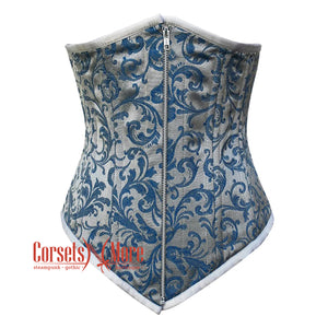 Baby Blue Brocade With Front Silver Zipper Gothic Long Underbust Waist Training Double Bone Corset