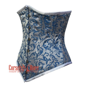 Baby Blue Brocade With Front Silver Busk Gothic Long Underbust Waist Training Double Bone Corset