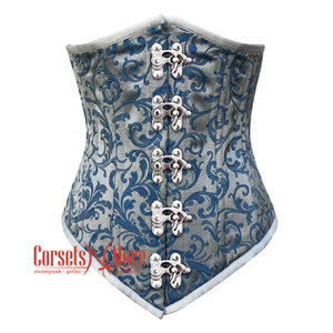 Baby Blue Brocade With Front Silver Clasps Gothic Long Underbust Waist Training Double Bone Corset