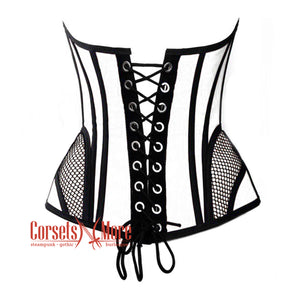 White Satin black mesh Zipper Steampunk Overbust Bustier Corset