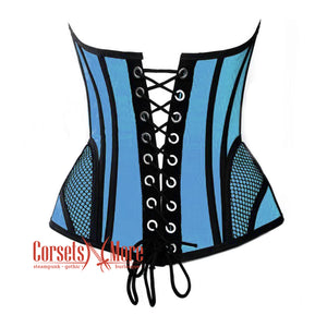 Baby Blue Satin black mesh Zipper Steampunk Overbust Bustier Corset