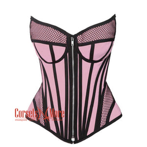 Baby Pink Satin black mesh Zipper Steampunk Overbust Bustier Corset