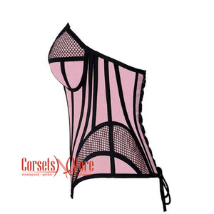 Baby Pink Satin black mesh Zipper Steampunk Overbust Bustier Corset