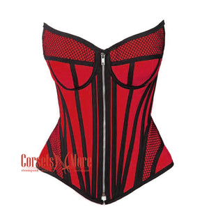 Red Satin black mesh Zipper Steampunk Overbust Bustier Corset