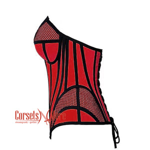 Red Satin black mesh Zipper Steampunk Overbust Bustier Corset