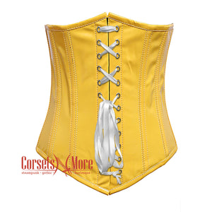 Plus Size Yellow PVC Leather With White Lace Gothic Long Underbust Waist Training Corset