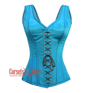 Plus Size Baby Blue Satin With Front Lace Gothic Overbust Burlesque Corset Waist Training Top