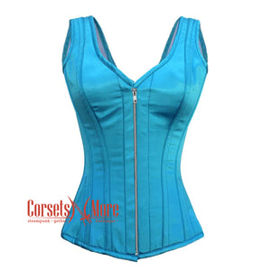 Baby Blue Satin With Front Silver Zipper Gothic Overbust Burlesque Corset Waist Training Top