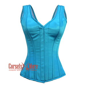 Baby Blue Satin With Front Close Gothic Overbust Burlesque Corset Waist Training Top