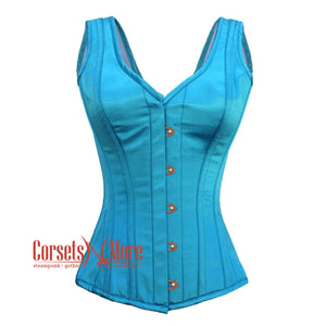 Plus Size Baby Blue Satin With Front Antique Busk Gothic Overbust Burlesque Corset Waist Training Top