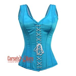 Baby Blue Satin With Front White Lace Gothic Overbust Burlesque Corset Waist Training Top