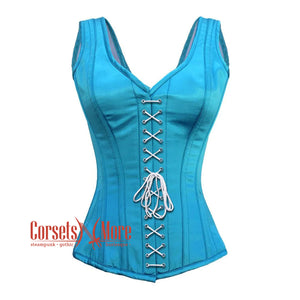 Plus Size Baby Blue Satin With Front White Lace Gothic Overbust Burlesque Corset Waist Training Top