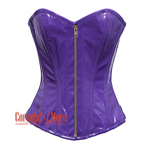 Purple PVC Leather With Antique Zipper Gothic Overbust Burlesque Corset Waist Training Top