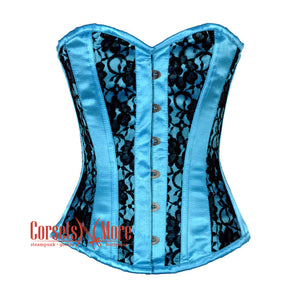 Baby Blue Satin With Black Net Gothic Overbust Burlesque Corset